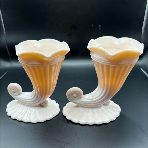 Jeanette Pink MilkGlass Horn Cornucopia Vases - Picture 2 of 6
